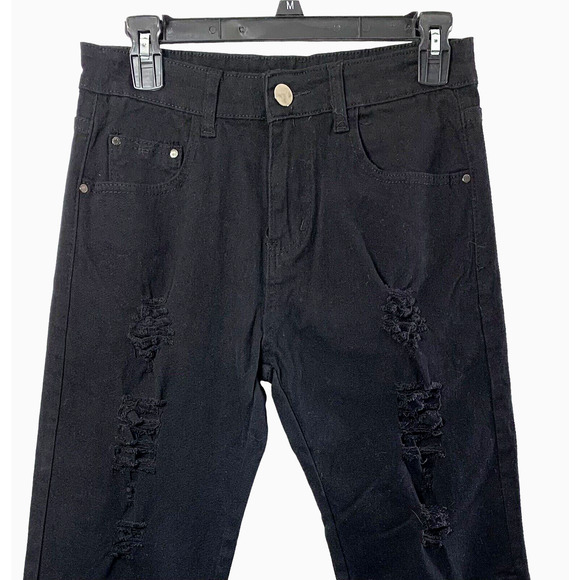 Womens Punk Ripped Jeans Size 27 Black Denim Destroyed Zippers Straight Hipster - Picture 7 of 9